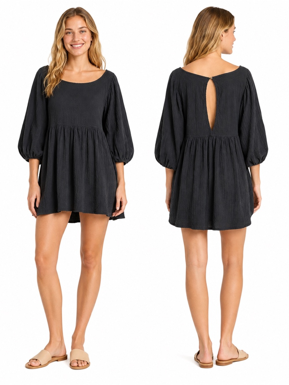 FP Beach Free People Black Babydoll Tunic Dress Balloon Sleeve XS OB1105953